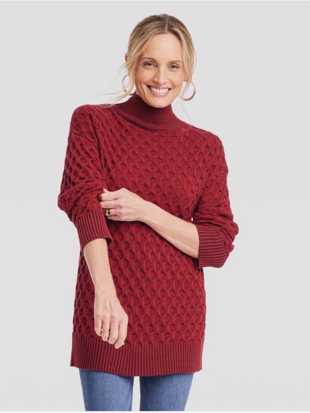 Knox Rose NWOT Women's Red Cable Knit Turtleneck Ribbed Hem Sweater size M